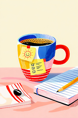 JPG 디자인 커피 음료 예술 컬러 일러스트 아침 손잡이 일상 컵 사무실 필기구 연필 공책 공간 기록 메모지 작업 집중 창의성 국내일러스트 AI일러스트 AI콘텐츠 주간 식기 컨셉 비즈니스 문구용품 학용품 라이프 사무용품 파일형식