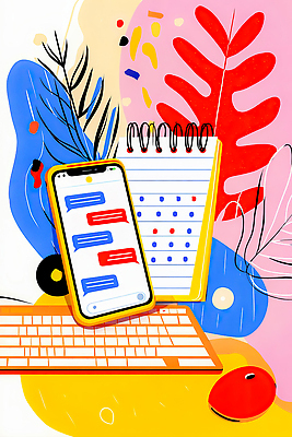 JPG 디자인 상징 컬러 패턴 일러스트 통신 탁자 커뮤니케이션 대화 스마트폰 컴퓨터 사무실 디지털 사무용품 공책 기계 키보드 작업 메시지 문서 국내일러스트 AI일러스트 AI콘텐츠 가구 무늬 비즈니스 문구용품 말하기 전자제품 핸드폰 스마트기기 파일형식