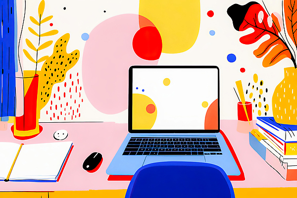 JPG 식물 디자인 컬러 백그라운드 패턴 일러스트 책 빨간색 파란색 노트북 사무실 노란색 공간 마우스 작업 물병 책상 그림 창의성 국내일러스트 AI일러스트 AI콘텐츠 가구 무늬 비즈니스 전자제품 컴퓨터용품 물통 파일형식