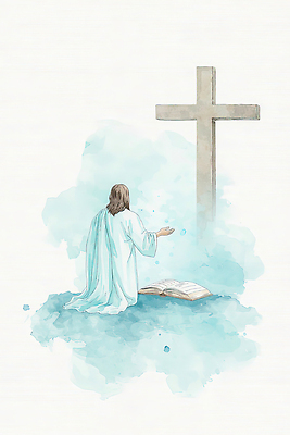 JPG 종교 예술 하늘색 십자가 일러스트 책 연필 믿음 성경 기도 예수 그림 무릎 교훈 신앙생활 국내일러스트 AI일러스트 AI콘텐츠 감정 종교용품 학용품 신체부위 파란색 필기구 신_종교 파일형식