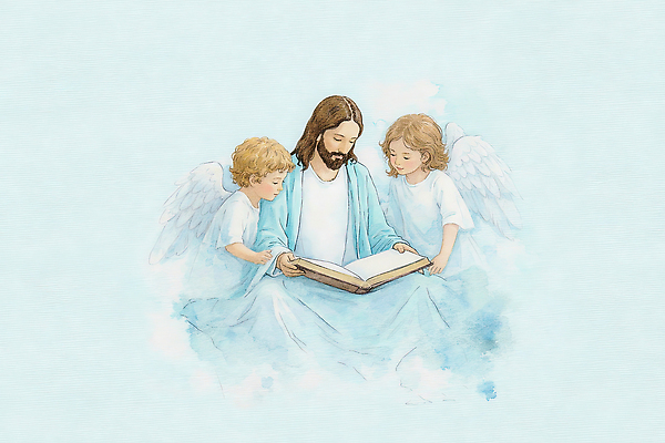 JPG 교육 종교 어린이 백그라운드 일러스트 하늘 천사 이야기 대화 사랑 앉기 책 학습 평화 믿음 성경 예수 읽기 그림 경전 국내일러스트 AI일러스트 AI콘텐츠 감정 컨셉 종교용품 모션 말하기 사람 신_종교 파일형식