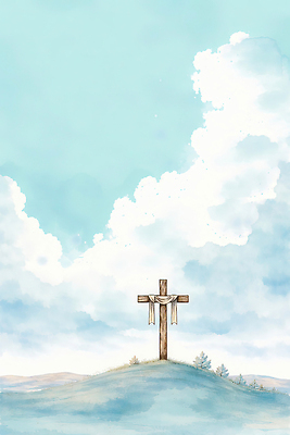 JPG 기독교 종교 상징 십자가 일러스트 자연 하늘 풍경 평화 믿음 기도 기독교인 언덕 예배 장면 지역 숭배 국내일러스트 AI일러스트 AI콘텐츠 감정 컨셉 생태계 파일형식