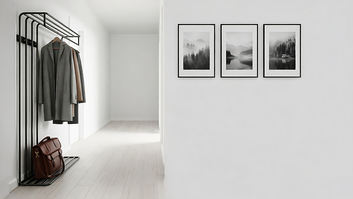 JPG 편집이미지 디자인 벽 가방 주택 생활 장식 인테리어 외투 공간 복도 옷걸이 나무바닥 미니멀 편집실사 AI포토 AI콘텐츠 잡화 상의 바닥 건물 CG 파일형식