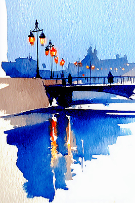 JPG 호수 예술 야경 가로등 일러스트 조명 수채화 거리 회화 풍경 여러명 건물 물 강 반사 어둠 산책 도시 찡그림 저녁 색감 국내일러스트 AI일러스트 AI콘텐츠 자연요소 건축물 공공시설 다수 휴식 표정 말하기 사람 야간 파일형식 풍경_경치