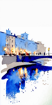 JPG 문화 예술 여행 야경 가로등 일러스트 하늘 조명 수채화 거리 풍경 여러명 건물 물 파란색 빛 반사 일몰 도시 저녁 화가 국내일러스트 AI일러스트 AI콘텐츠 자연요소 직업 건축물 공공시설 컬러 다수 사람 노을 야간 파일형식 풍경_경치