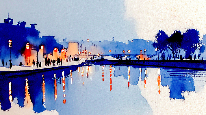 JPG 나무 여유 야경 일러스트 조명 수채화 거리 사람 풍경 일상 강 반사 산책 도시 보행자 수면 도심 저녁 그림 조용 시민 색감 풍경화 국내일러스트 AI일러스트 AI콘텐츠 식물 감정 휴식 라이프 물 야간 국민 파일형식 풍경_경치