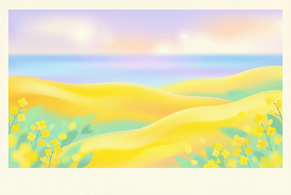 JPG 여유 바다 컬러 여행 꽃밭 일러스트 자연 하늘 풍경 해변 여름 파란색 노란색 평화 일몰 언덕 유채 주말 부드러움 느림 유채밭 국내일러스트 AI일러스트 AI콘텐츠 계절 꽃 감정 컨셉 밭 노을 감각 생태계 파일형식