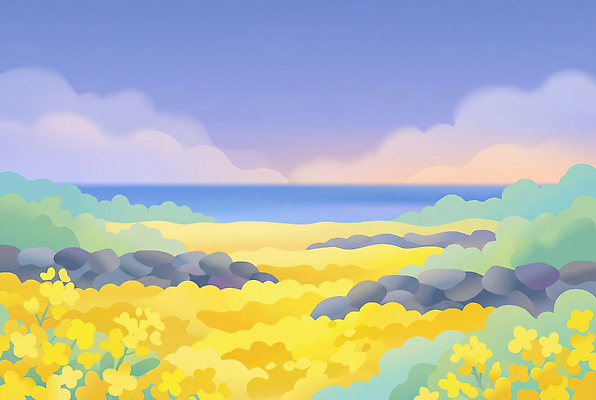 JPG 식물 꽃 바다 컬러 일러스트 자연 하늘 풍경 해변 여름 파란색 노란색 평화 일몰 봄 들꽃 저녁 유채 뷰티풀 색채 유채밭 국내일러스트 AI일러스트 AI콘텐츠 계절 컨셉 밭 노을 야간 생태계 파일형식