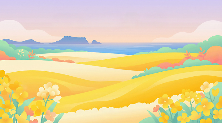 JPG 식물 계절 꽃 화초 바다 섬 일러스트 자연 하늘 아침 산 풍경 초원 해변 여름 노란색 유채 부드러움 평지 색채 유채밭 국내일러스트 AI일러스트 AI콘텐츠 주간 컬러 밭 감각 땅 생태계 파일형식