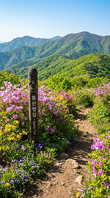 JPG 편집이미지 꽃 화초 봄꽃 자연 아침 산 풍경 봄 산책 하이킹 힐링 등산로 봉산 편집실사 AI포토 AI콘텐츠 주간 식물 계절 레저 휴식 등산 CG 생태계 파일형식
