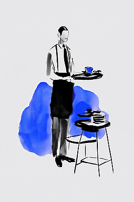 JPG 접시 남자 커피 음료 음식 백그라운드 일러스트 수채화 쟁반 파란색 식당 레스토랑 물감 카페 그룹 웨이터 고객 서비스 그림 국내일러스트 AI일러스트 AI콘텐츠 직업 식기 컬러 사람 상점 미술도구 파일형식