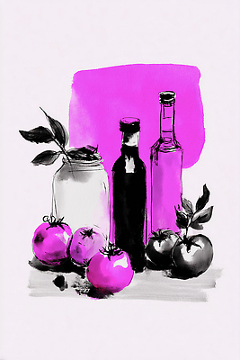 JPG 음식 백그라운드 토마토 채소 과일 일러스트 재료 식탁 유리병 수채화 요리 주방 보라색 식사 소비 와인병 그림 국내일러스트 AI일러스트 AI콘텐츠 컬러 탁자 병_용기 와인 파일형식