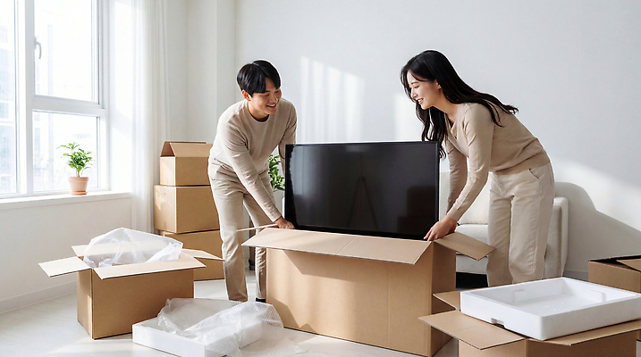 JPG 편집이미지 여자 남자 가구 이동 거실 포장 가정 상자 텔레비전 공간 가전제품 이사 정리 설치 의료성형뷰티 편집실사 AI인물포토 AI콘텐츠 생활용품 컨셉 사람 전자제품 CG 파일형식 AI포토