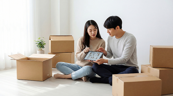 JPG 편집이미지 여자 남자 이동 대화 앉기 생활 상자 태블릿 공간 방 이사 오브젝트 준비 정리 의견 의료성형뷰티 편집실사 AI인물포토 AI콘텐츠 컨셉 모션 말하기 사람 전자제품 스마트기기 CG 파일형식 AI포토