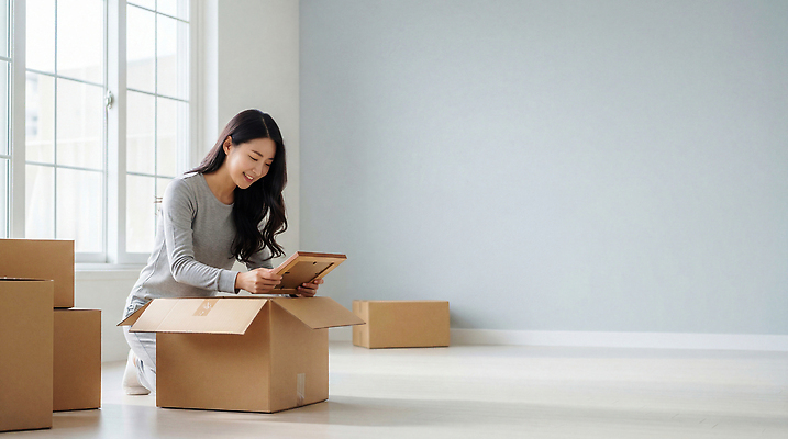 JPG 편집이미지 여자 감정 이동 창문 미소 웃음 일상 생활 상자 소파 햇빛 방 이사 오브젝트 정리 의료성형뷰티 편집실사 AI인물포토 AI콘텐츠 컨셉 의자 표정 사람 라이프 태양 CG 파일형식 AI포토