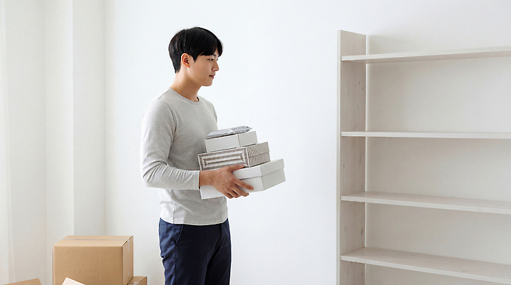 JPG 편집이미지 남자 생각 선반 주택 상자 방 이사 오브젝트 준비 정리 수납 곤란 의료성형뷰티 편집실사 AI인물포토 AI콘텐츠 가구 사람 건물 CG 파일형식 AI포토