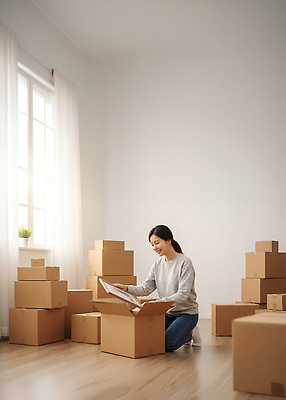 JPG 편집이미지 여자 모션 조명 상자 쌓기 방 시간 오픈 이사 오브젝트 확인 나무바닥 심플 정리 의료성형뷰티 편집실사 AI인물포토 AI콘텐츠 바닥 사람 CG 파일형식 AI포토