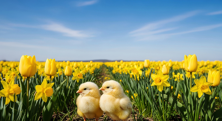 JPG 동물 편집이미지 꽃 새끼 농업 자연 하늘 생명 병아리 풍경 초원 농장 노란색 봄 튤립 수선화 편집실사 AI포토 AI콘텐츠 식물 계절 산업 컬러 조류 CG 생태계 파일형식