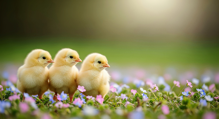 JPG 동물 편집이미지 꽃 컬러 꽃밭 자연 조류 생명 병아리 초원 새싹 귀여움 봄 나란히 자태 편집실사 AI포토 AI콘텐츠 식물 계절 컨셉 CG 생태계 파일형식