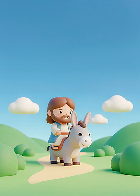 JPG 편집이미지 캐릭터 남자 길 여행 이동 자연 날씨 풍경 귀여움 예수 언덕 당나귀 편집3D AI컴퓨터그래픽 AI콘텐츠 컨셉 사람 3D 말_동물 신_종교 생태계 파일형식