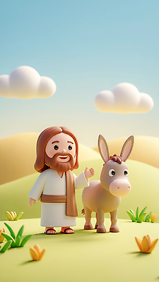 JPG 동물 편집이미지 캐릭터 손 자연 하늘 함께함 풍경 초원 모형 산책 예수 언덕 당나귀 편집3D AI컴퓨터그래픽 AI콘텐츠 컨셉 휴식 신체부위 3D 말_동물 신_종교 생태계 파일형식