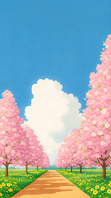 JPG 나무 꽃 길 분홍색 컬러 일러스트 자연 하늘 풍경 잔디 일상 초록색 소풍 평화 맑음 봄 산책 벚꽃 길가 꽃길 국내일러스트 AI일러스트 AI콘텐츠 식물 계절 컨셉 날씨 휴식 라이프 야외활동 생태계 파일형식
