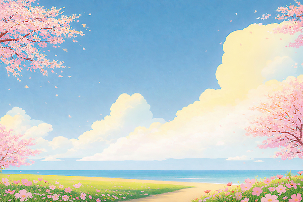 JPG 나무 식물 꽃 바다 컬러 여행 하늘색 일러스트 자연 하늘 휴식 풍경 해변 일몰 봄 산책로 벚꽃 꽃길 뷰티풀 차분 국내일러스트 AI일러스트 AI콘텐츠 계절 길 컨셉 파란색 노을 생태계 파일형식