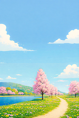 JPG 나무 꽃 길 일러스트 자연 하늘 산 풍경 취미 야외 물 여름 강 소풍 봄 산책 벚꽃 꽃길 풍경화 국내일러스트 AI일러스트 AI콘텐츠 자연요소 식물 계절 휴식 야외활동 그림 생태계 파일형식