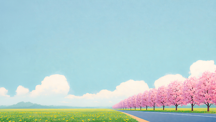 JPG 나무 꽃 도로 분홍색 여행 설경 일러스트 자연 하늘 풍경 초원 일상 초록색 파란색 소풍 봄 산책 벚꽃 시골 꽃길 국내일러스트 AI일러스트 AI콘텐츠 식물 계절 길 컬러 겨울 교통시설 휴식 라이프 야외활동 생태계 파일형식