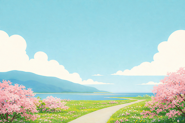 JPG 나무 꽃 길 바다 여행 일러스트 자연 하늘 산 풍경 잔디 물 여름 파란색 봄 벚꽃 꽃길 풍경화 국내일러스트 AI일러스트 AI콘텐츠 자연요소 식물 계절 컬러 그림 생태계 파일형식