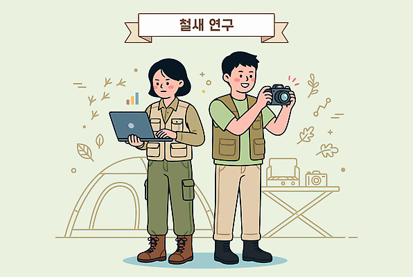 여자 남자 일러스트 모션 자연 실험 야외 노트북 카메라 환경 자료 캠핑 장비 관찰 기록 연구원 검사_조사 준비 생물학 철새 국내일러스트 AI파일 직업 교육 조류 레저 사람 전자제품 생태계 파일형식 벡터