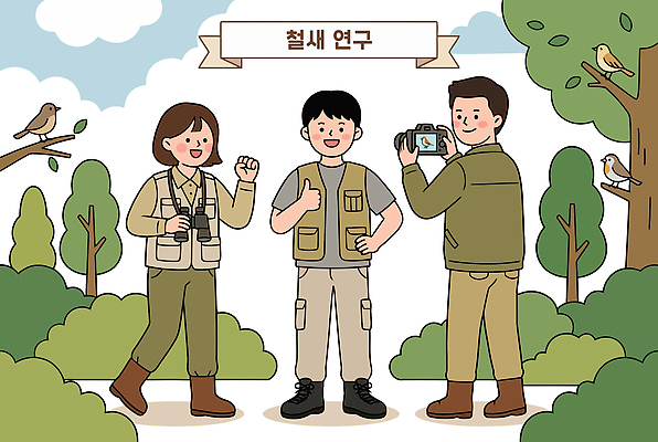 동물 일러스트 모션 자연 조류 협력 생물 실험 웃음 사람 야외 초록색 카메라 환경 촬영 쌍안경 탐험 관찰 숲 철새 국내일러스트 AI파일 컬러 표정 전자제품 망원경 생태계 파일형식 벡터