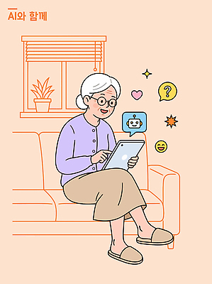 할머니 인터넷 일러스트 모션 커뮤니케이션 기술 대화 소파 태블릿 스크린 기계 정보 편안함 질문 집중 즐거움 소통 대답 AI_인공지능 국내일러스트 AI파일 여자 노년 감정 컨셉 의자 말하기 전자제품 스마트기기 감각 파일형식 벡터