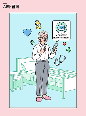 노년 일러스트 의학 청진기 커뮤니케이션 기술 대화 치료 스마트폰 약 건강관리 방 의사 정보 침대 도움 서비스 상담 채팅봇 AI_인공지능 국내일러스트 AI파일 가구 컨셉 의료기기 건강 관리 말하기 성인 핸드폰 스마트기기 의료진 파일형식 벡터