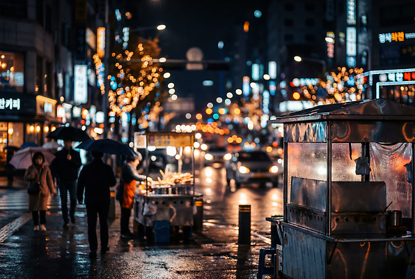 JPG 편집이미지 음식 겨울 야경 우산 자동차 거리 서울 사람 빛 판매 걷기 상점 도시 노점상 편집실사 AI포토 AI콘텐츠 계절 육상교통 모션 한국 야간 CG 파일형식 풍경_경치