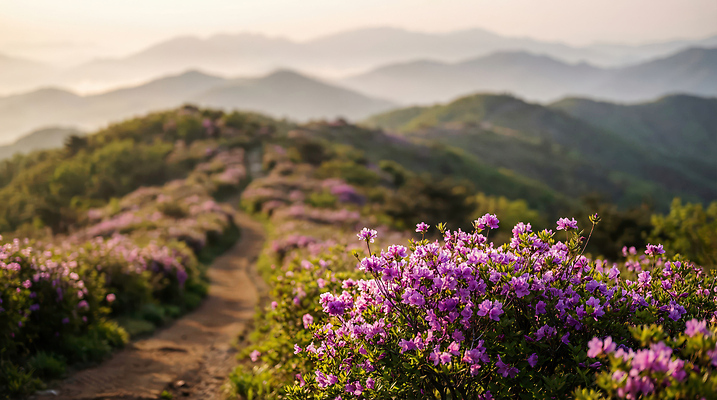 JPG 편집이미지 꽃 길 여행 자연 아침 산 풍경 햇빛 진달래 철쭉 산길 뷰티풀 편집실사 AI포토 AI콘텐츠 주간 식물 태양 CG 생태계 파일형식