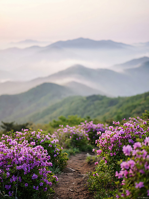 JPG 나무 편집이미지 꽃 길 분홍색 자연 하늘 산 풍경 여름 일출 정원 안개 대기 철쭉 산길 편집실사 AI포토 AI콘텐츠 식물 계절 컬러 날씨 노을 CG 생태계 파일형식