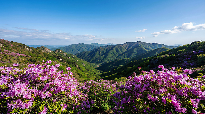 JPG 식물 편집이미지 꽃 여행 자연 하늘 산 풍경 봄 등산 탐험 진달래 언덕 철쭉 녹지 편집실사 AI포토 AI콘텐츠 계절 트래킹 CG 생태계 파일형식