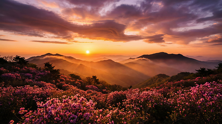 JPG 편집이미지 컬러 여행 자연 하늘 아침 바람 산 풍경 햇빛 제주도 일출 계곡 진달래 철쭉 편집실사 AI포토 AI콘텐츠 주간 자연요소 꽃 날씨 한국 태양 노을 CG 생태계 파일형식