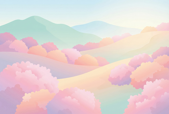 JPG 나무 식물 계절 분홍색 일러스트 자연 하늘 산 풍경 초원 햇빛 태양 공간 언덕 지역 조화 뷰티풀 색감 산맥 국내일러스트 AI일러스트 AI콘텐츠 자연요소 컬러 생태계 파일형식