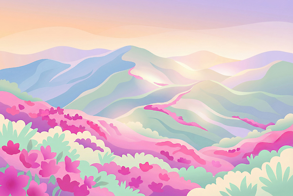 JPG 나무 식물 계절 꽃 컬러 여행 곡선 일러스트 자연 하늘 조명 산 풍경 야외 봄 저녁 언덕 뷰티풀 경관 국내일러스트 AI일러스트 AI콘텐츠 선 야간 생태계 파일형식