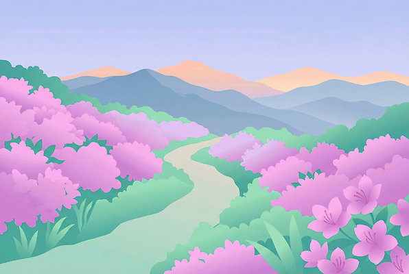 JPG 식물 꽃 길 여행 꽃밭 일러스트 자연 하늘 아침 산 풍경 초원 여름 파란색 보라색 등산 탐험 연보라색 산길 국내일러스트 AI일러스트 AI콘텐츠 주간 계절 컬러 트래킹 생태계 파일형식