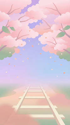 JPG 나무 꽃 길 분홍색 여행 일러스트 자연 하늘 풍경 고요 일몰 봄 산책로 기차 벚꽃 떨어짐 출발 선로 풍경화 국내일러스트 AI일러스트 AI콘텐츠 식물 계절 육상교통 컬러 컨셉 대중교통 노을 그림 생태계 파일형식