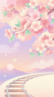 JPG 나무 꽃 분홍색 일러스트 자연 하늘 산 풍경 평화 일몰 봄 산책 기찻길 기차 벚꽃 꽃가루 밝은색 뷰티풀 국내일러스트 AI일러스트 AI콘텐츠 식물 계절 육상교통 컬러 컨셉 휴식 대중교통 노을 가루 생태계 파일형식