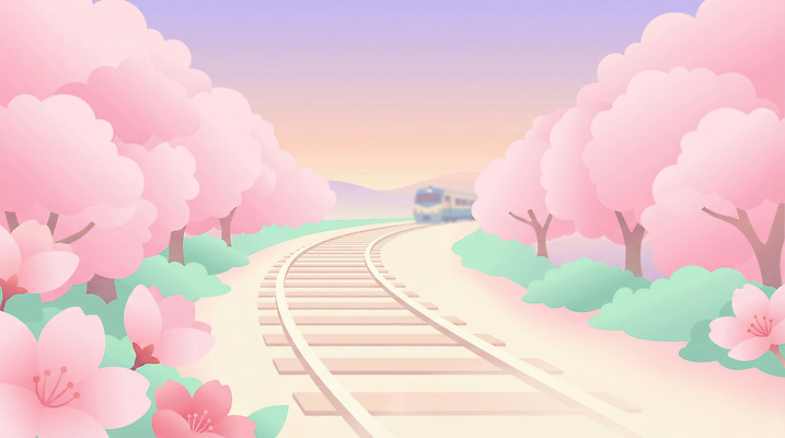 JPG 나무 사계절 꽃 여유 여행 백그라운드 이동 일러스트 자연 하늘 산 한국 풍경 봄 기차 벚꽃 저녁 지평선 선로 국내일러스트 AI일러스트 AI콘텐츠 식물 계절 감정 아시아 육상교통 컨셉 대중교통 야간 생태계 파일형식