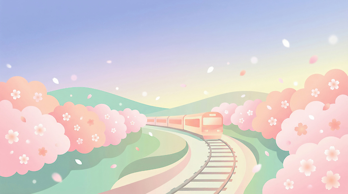 JPG 꽃잎 꽃 컬러 여행 이동 일러스트 자연 하늘 바람 풍경 초원 달리기 일출 봄 기차 벚꽃 언덕 선로 풍경화 국내일러스트 AI일러스트 AI콘텐츠 자연요소 식물 계절 육상교통 컨셉 모션 날씨 대중교통 노을 그림 생태계 파일형식