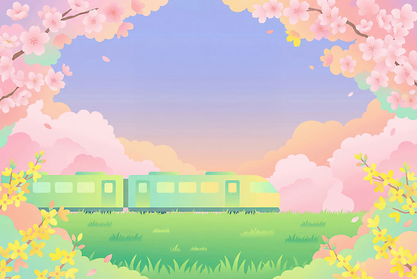 JPG 나무 꽃 컬러 여행 잎 일러스트 자연 하늘 풍경 잔디 초원 그래픽 봄 기차 과수원 풍경화 국내일러스트 AI일러스트 AI콘텐츠 식물 계절 육상교통 농업 대중교통 그림 생태계 파일형식
