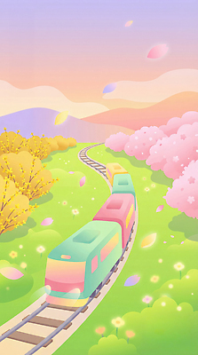 JPG 나무 꽃잎 꽃 길 컬러 여행 백그라운드 일러스트 자연 하늘 바람 산 풍경 평화 봄 기차 언덕 선로 풍경화 국내일러스트 AI일러스트 AI콘텐츠 자연요소 식물 계절 육상교통 컨셉 날씨 대중교통 그림 생태계 파일형식