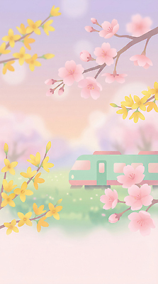 JPG 나무 꽃 분홍색 여행 백그라운드 이동 일러스트 자연 하늘 풍경 그래픽 노란색 봄 기차 분위기 장면 부드러움 만개 풍요 국내일러스트 AI일러스트 AI콘텐츠 식물 계절 육상교통 컬러 컨셉 대중교통 감각 생태계 파일형식