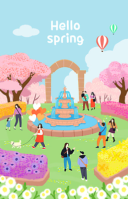식물 계절 공공시설 감정 다수 포유류 휴식 말하기 사람 파일형식 봄 공원 분수 꽃 여러명 산책 개 어린이 풍경 나무 즐거움 놀이 모션 대화 풍선 하늘 프로포즈 컬러 국내일러스트 일러스트 PSD